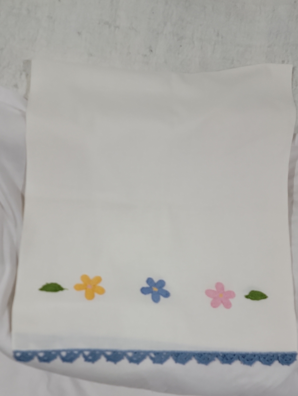 Vintage White Embroidered With Blue Lace Trim Table Runner Hand Made Floral